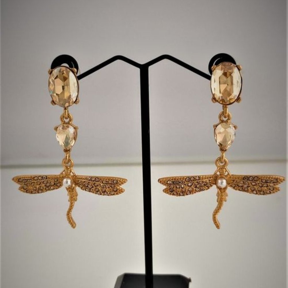 Oscar de la Renta Gold dragonfly drop earrings NEW - Picture 11 of 11